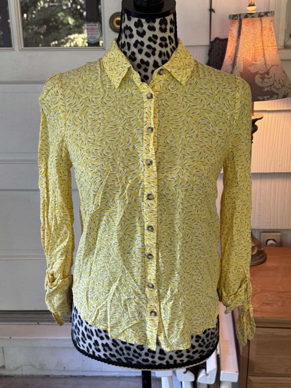 Maeve Anthropologie Blithe Button Up Shirt Tie Cuffs Sz 0 Yellow Colorful